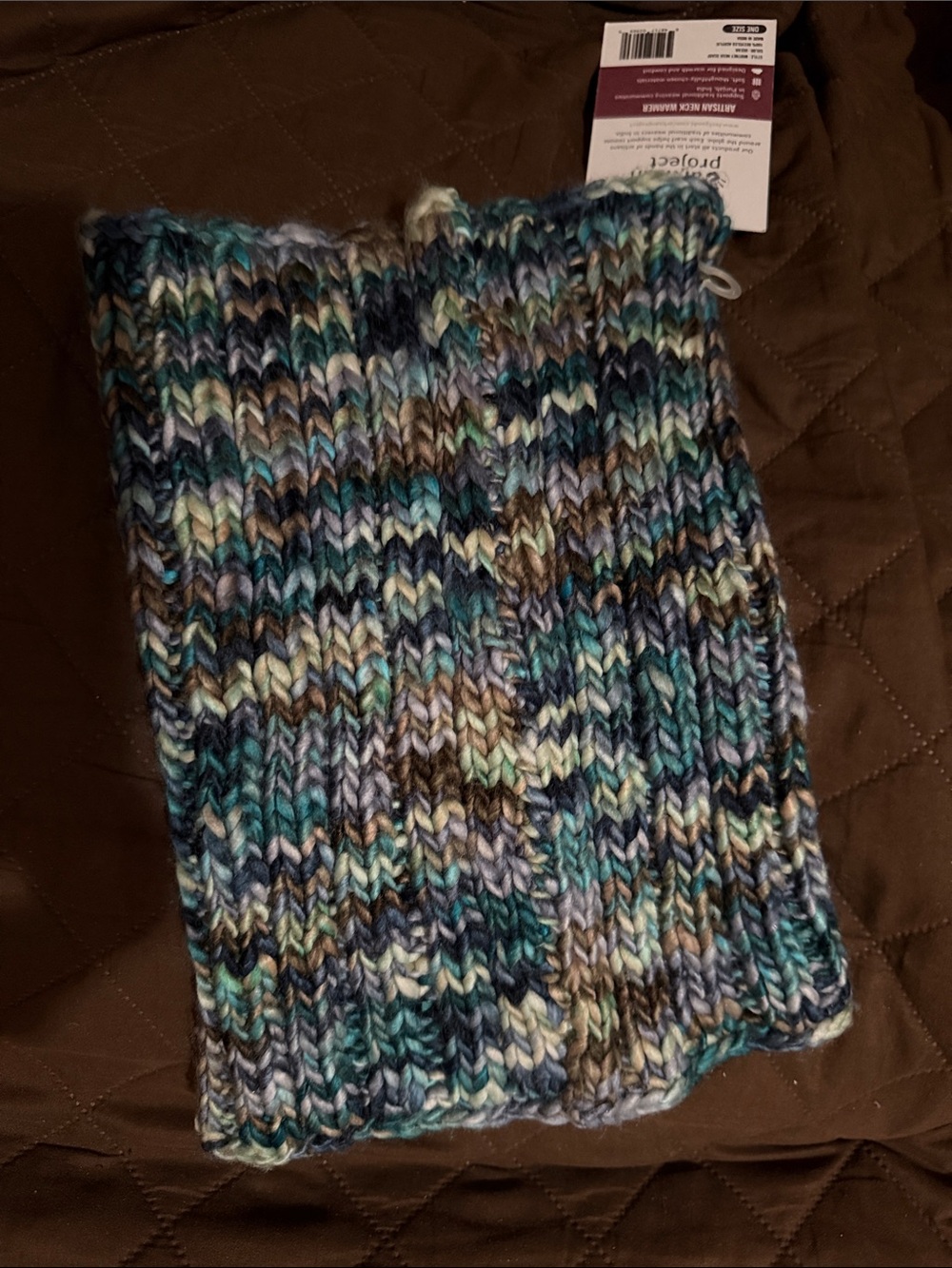 Feelgoodz Neck Warmer. Hand-Knit Multicolor Ribbed Neck Warmer - Blue/Green/Tan
